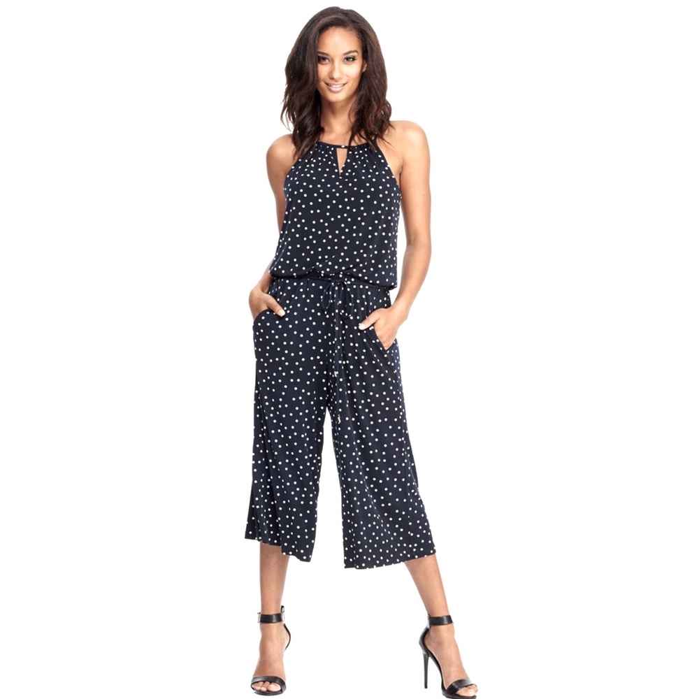 London Times Black and White Polkadot Cropped Jumpsuit